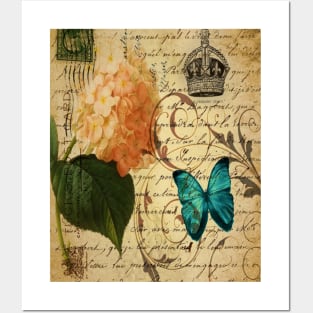 vintage french butterfly hydrangea floral botanical art Posters and Art